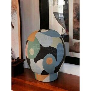 Art Deco Hand Painted Small Vase Terracotta Pink Blue Black Minor Wear 10" Tall